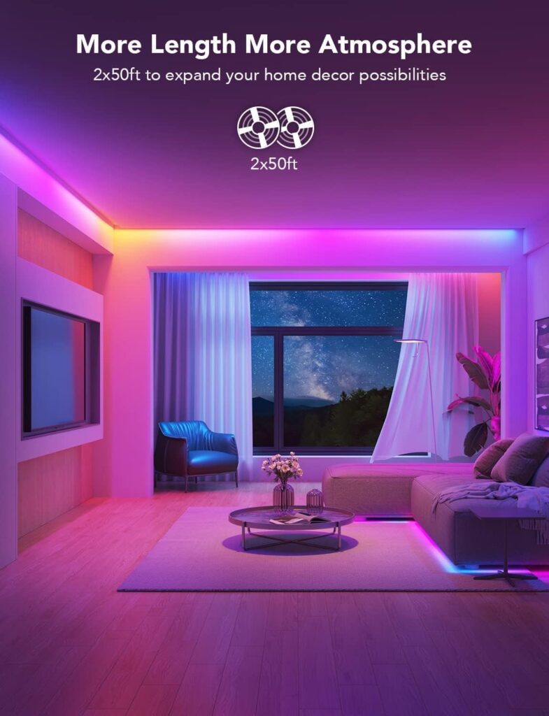 Govee 100ft RGBIC RGB lights displaying multi-color gradient across apartment rooms
