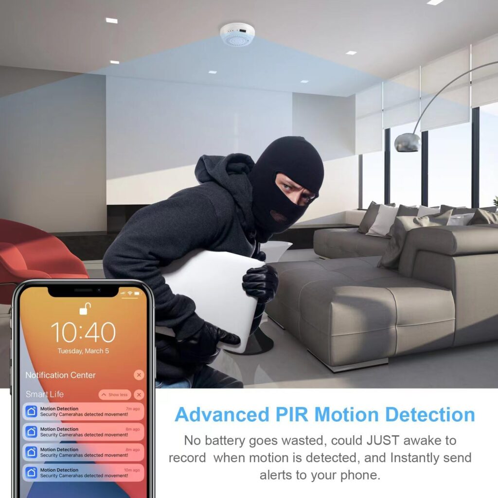 FORTHAUS smoke detector spy cameras with 180-day battery on apartment ceiling