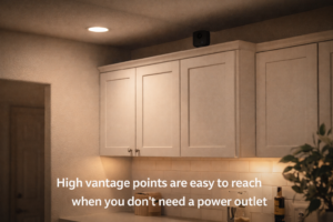 Blink Indoor 4 camera hidden on top of kitchen cabinets.