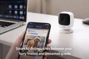 Eufy IndoorCam C24 on desk with pet detection notification on phone.