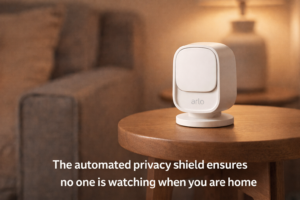 Arlo Essential Indoor Camera with privacy shield closed.
