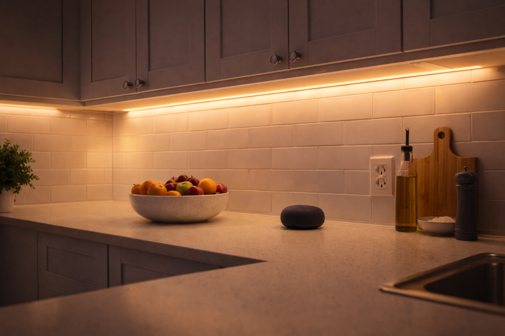 Under-cabinet LED strips offering the best smart lighting for renters.