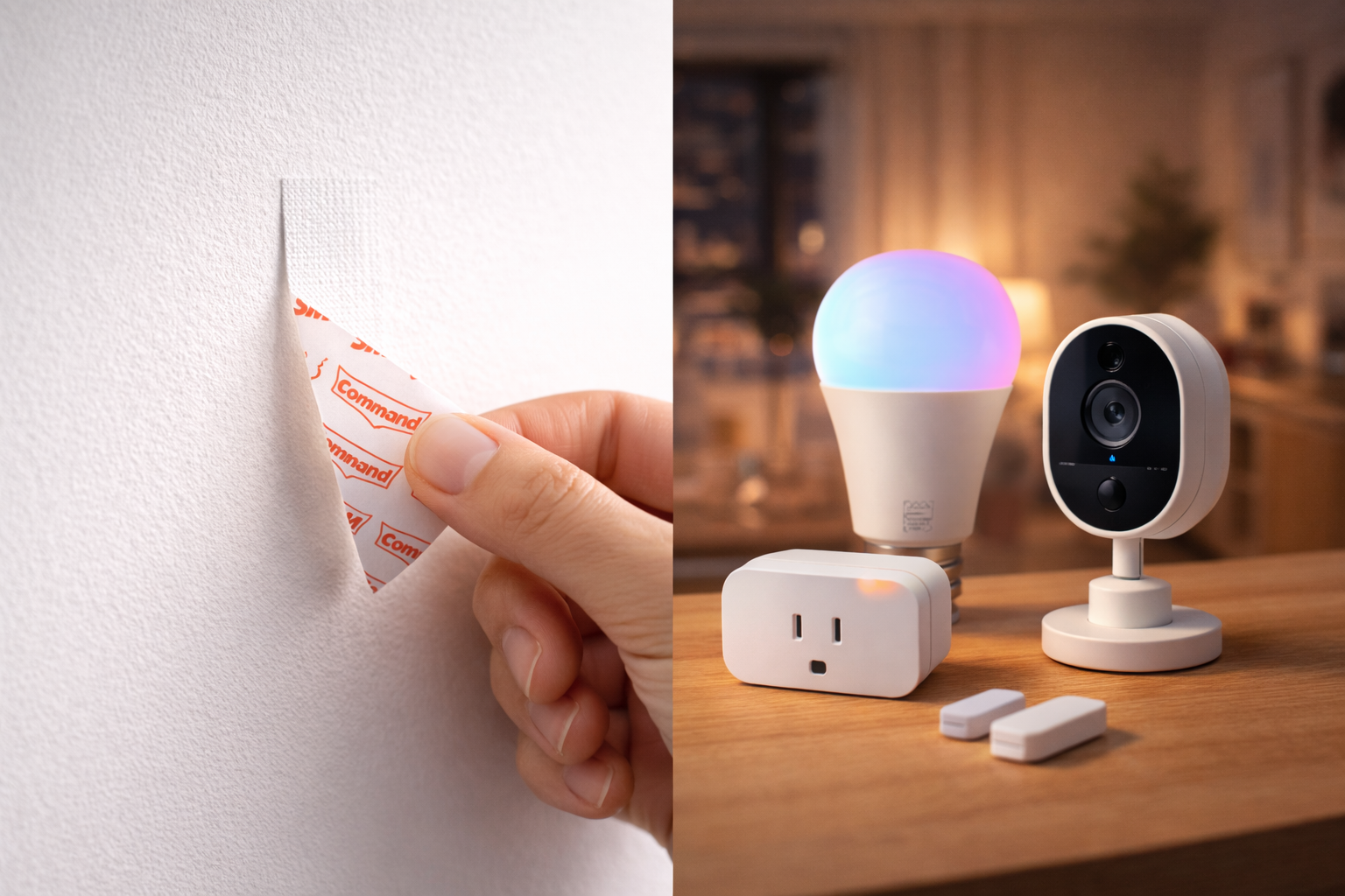 10 deposit-proof smart home for renters hacks showing a no-drill smart lock and wireless security camera.