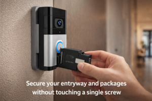 Ring Battery Doorbell installed on apartment door using adhesive mount