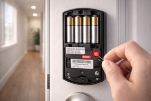 Kwikset Halo smart lock reset button location inside lock with paperclip pressing it