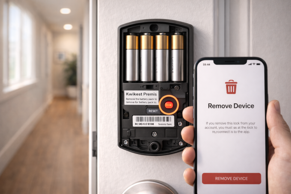 Kwikset Premis smart lock reset process with iPhone HomeKit app shown