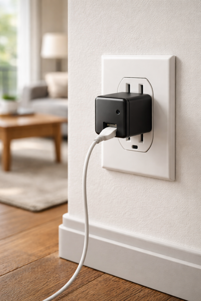 Hidden cameras disguised as USB charger in modern apartment - no-drill installation