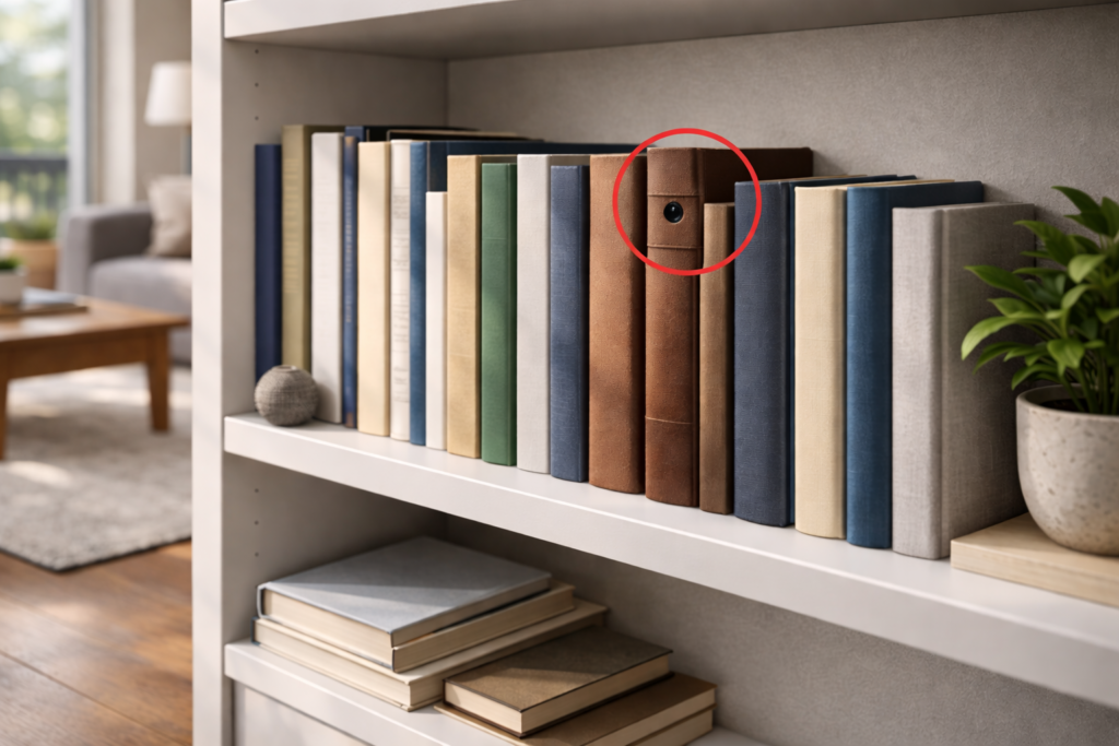 Conbrov hidden book camera on apartment bookshelf - discrete surveillance for renters