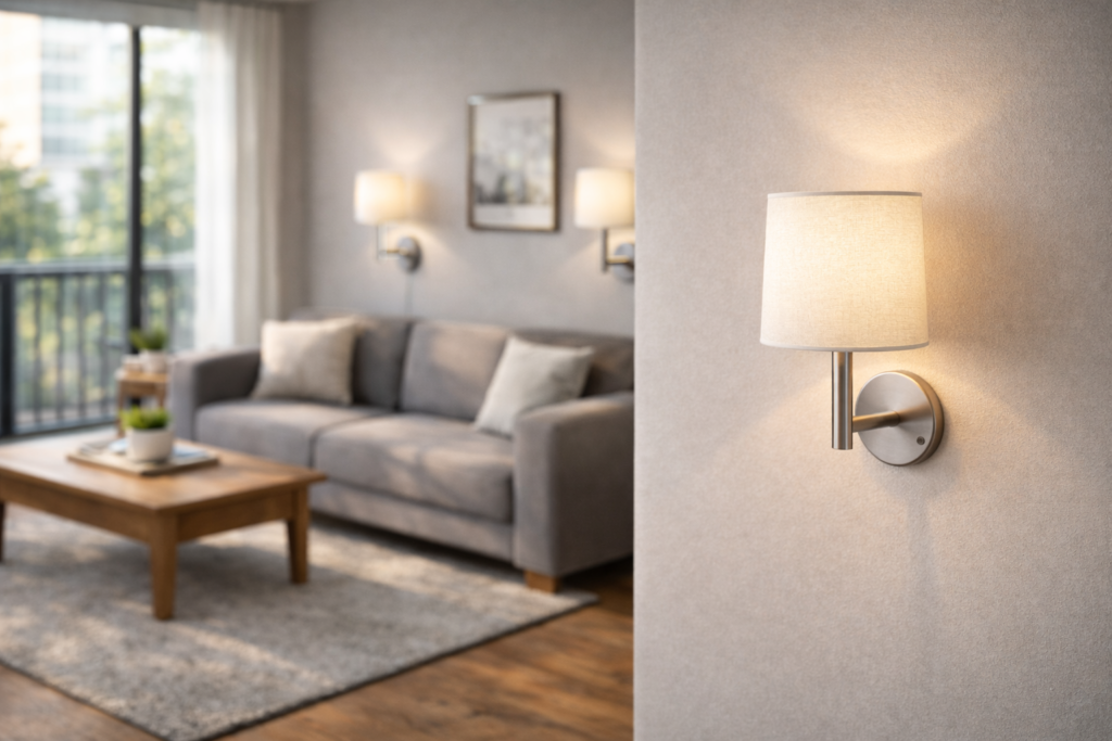 Brilliant Evolution battery-powered wall lights in apartment bedroom - no drilling