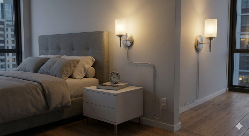 GE Enbrighten plug-in wall lights providing bedroom lighting in apartment