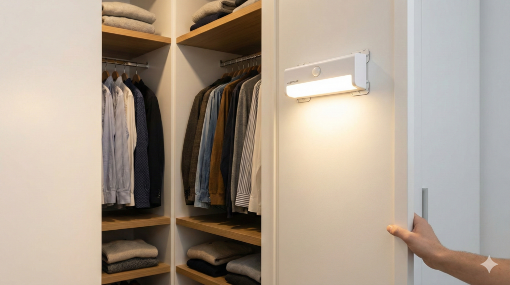 Mr. Beams battery-powered motion sensor wall lights in apartment closet