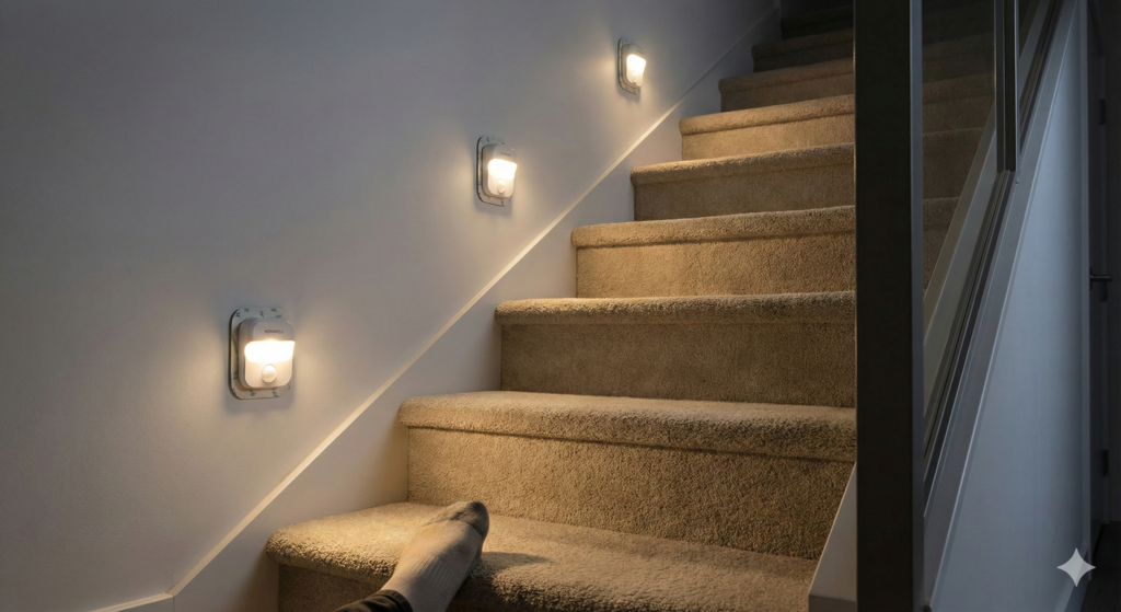 HONWELL stick-on motion sensor wall lights on apartment stairway for safety