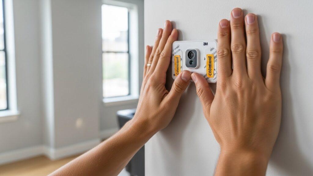 Installing spy camera with 3M Command strips in apartment - no-drill renter solution