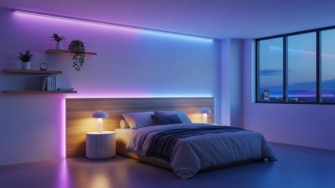 LED strips installed in renter-friendly apartment bedroom without drilling